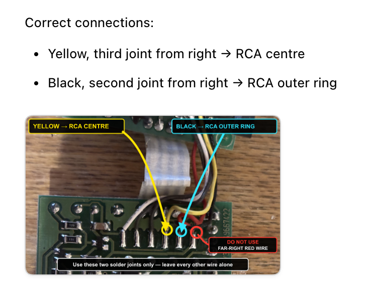 Annotated photo showing where the yellow and black wires connect to an RCA cable
