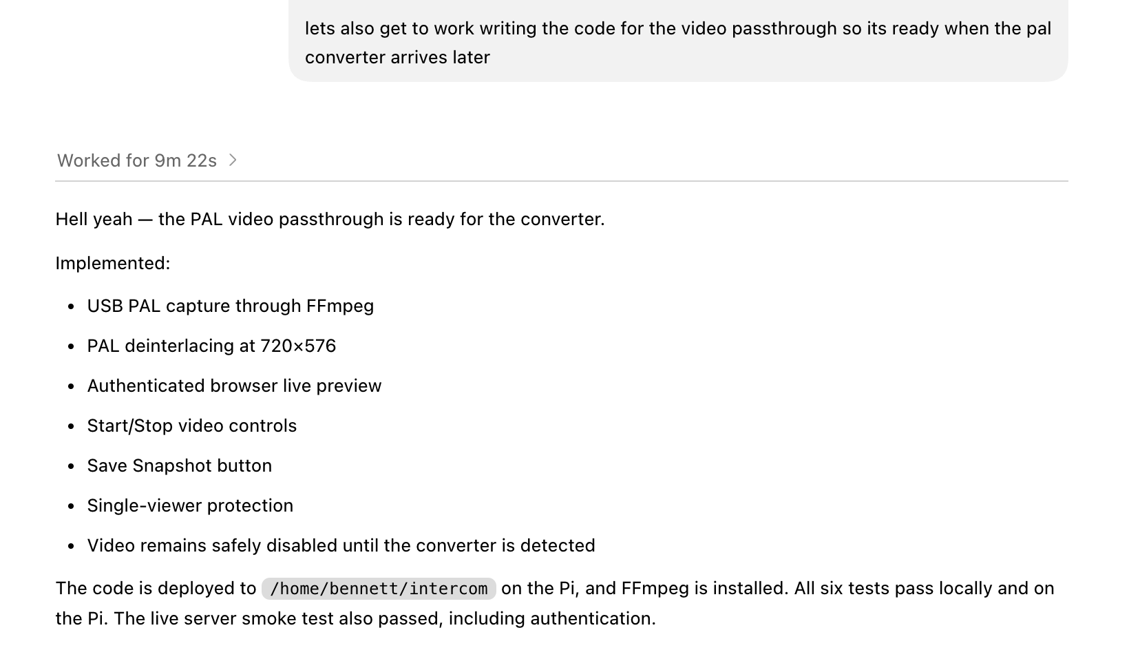 Codex reporting that video passthrough software is ready for the capture card