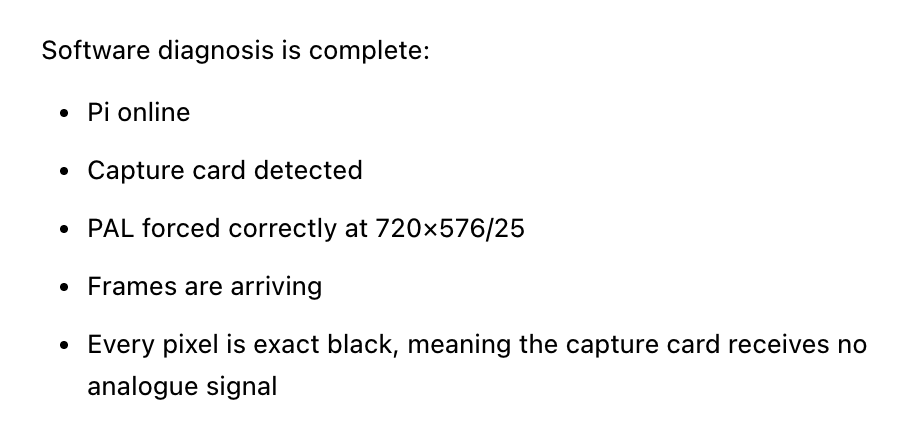 Codex software diagnosis showing the capture card receives no analogue signal