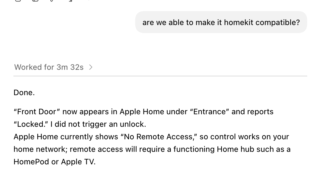Codex confirming the Front Door camera and lock now appear in Apple Home
