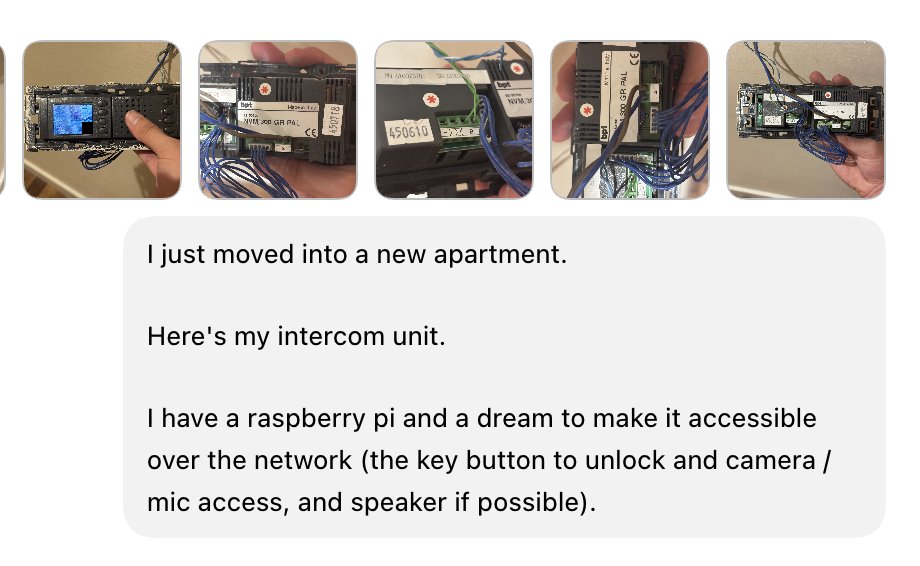 Codex conversation introducing the apartment intercom, with photos of the handset and circuit board
