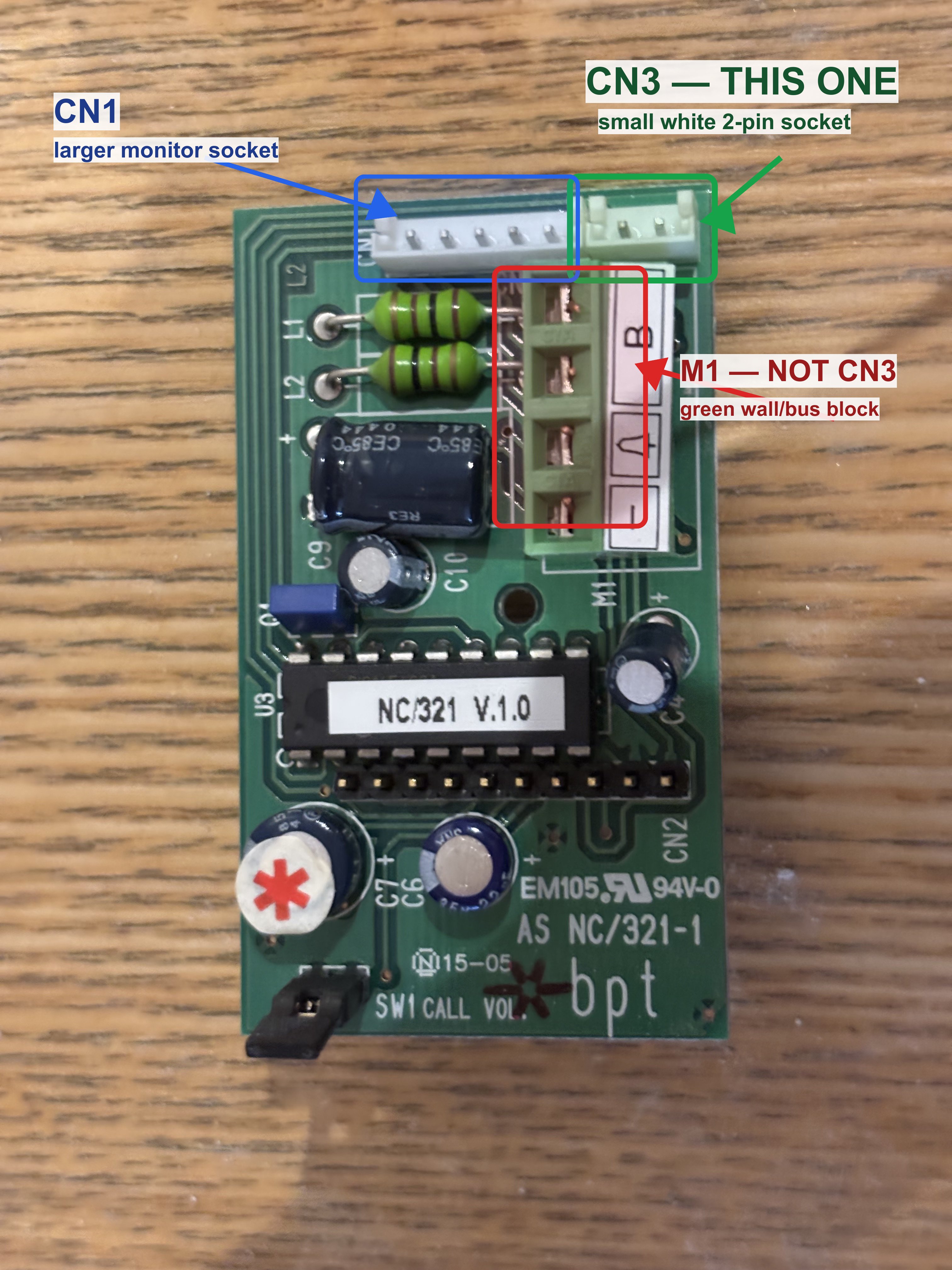 Annotated intercom circuit board identifying the CN3 connector and other components