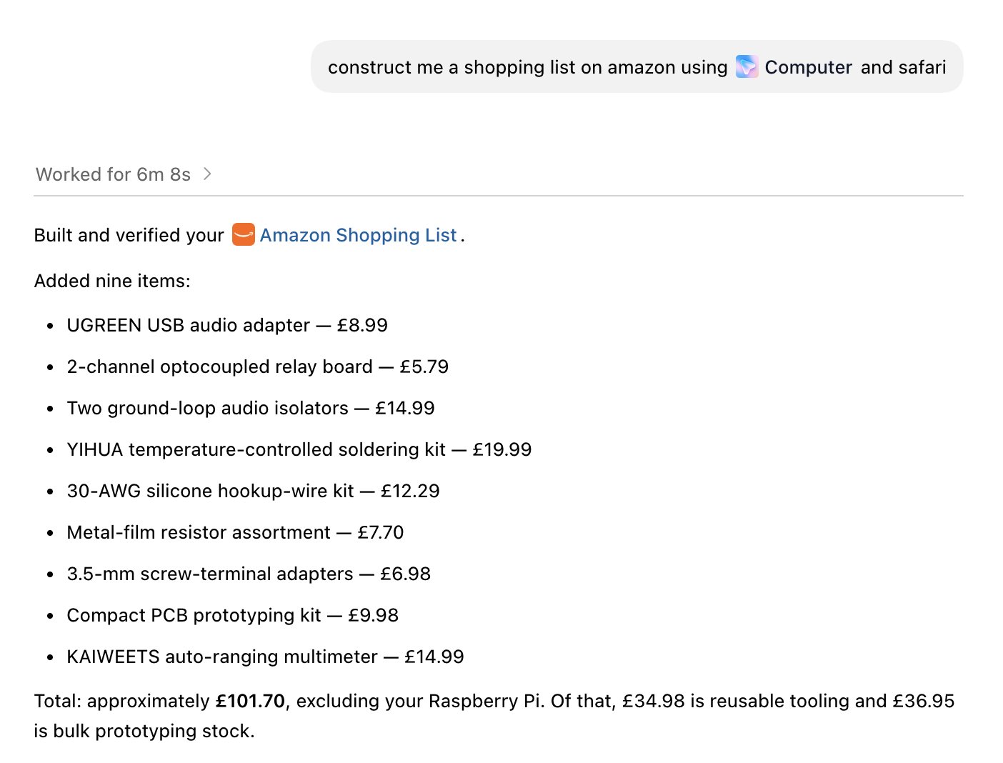 Codex-generated Amazon shopping list for the intercom project