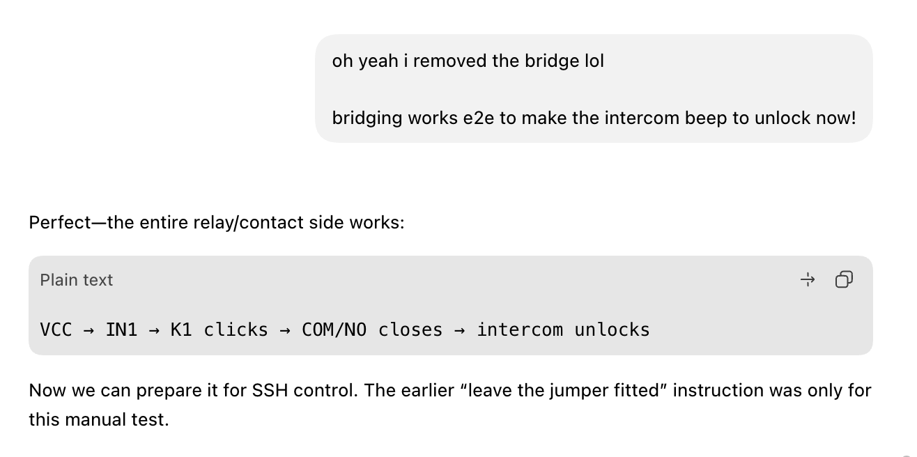 Codex conversation confirming that the relay now unlocks the intercom