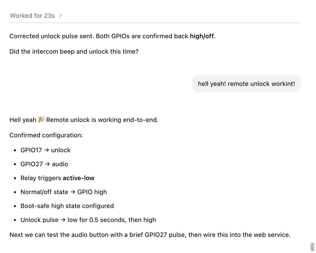 Codex conversation confirming remote unlock works end to end